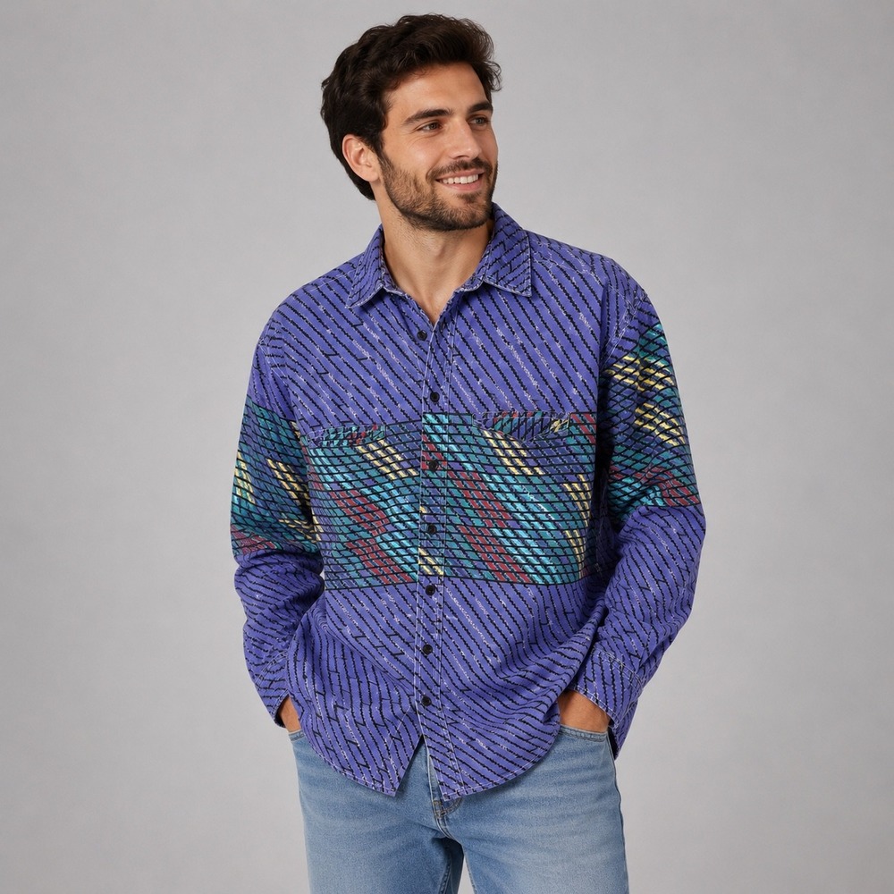 Vintage Western Plains Shirt Mens L Southwestern Aztec Cotton Button Up 90s Blue